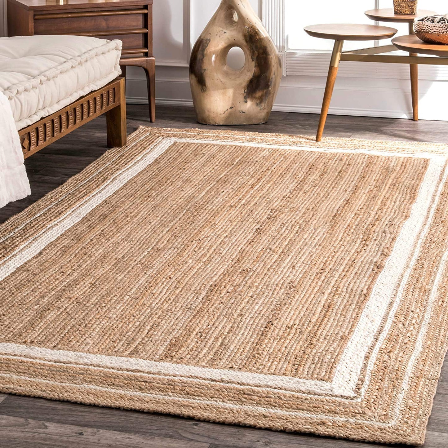 Ripaz Vogue - Jute Area Rug Round Hand Braided Farmhouse Jute Door Mat Beige with White Line Border