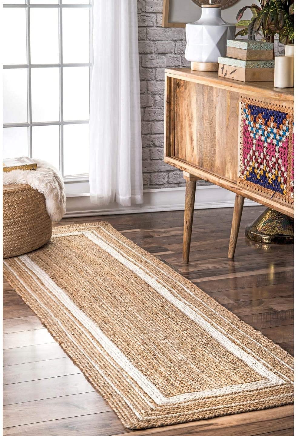 Ripaz Vogue - Jute Area Rug Round Hand Braided Farmhouse Jute Door Mat Beige with White Line Border