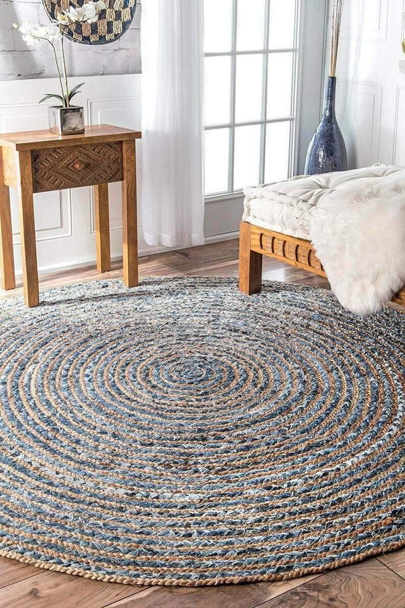 Ripaz Vogue - Rug Round in Denim Jute Hand Braided Rustic Look Area Rug For Living Room