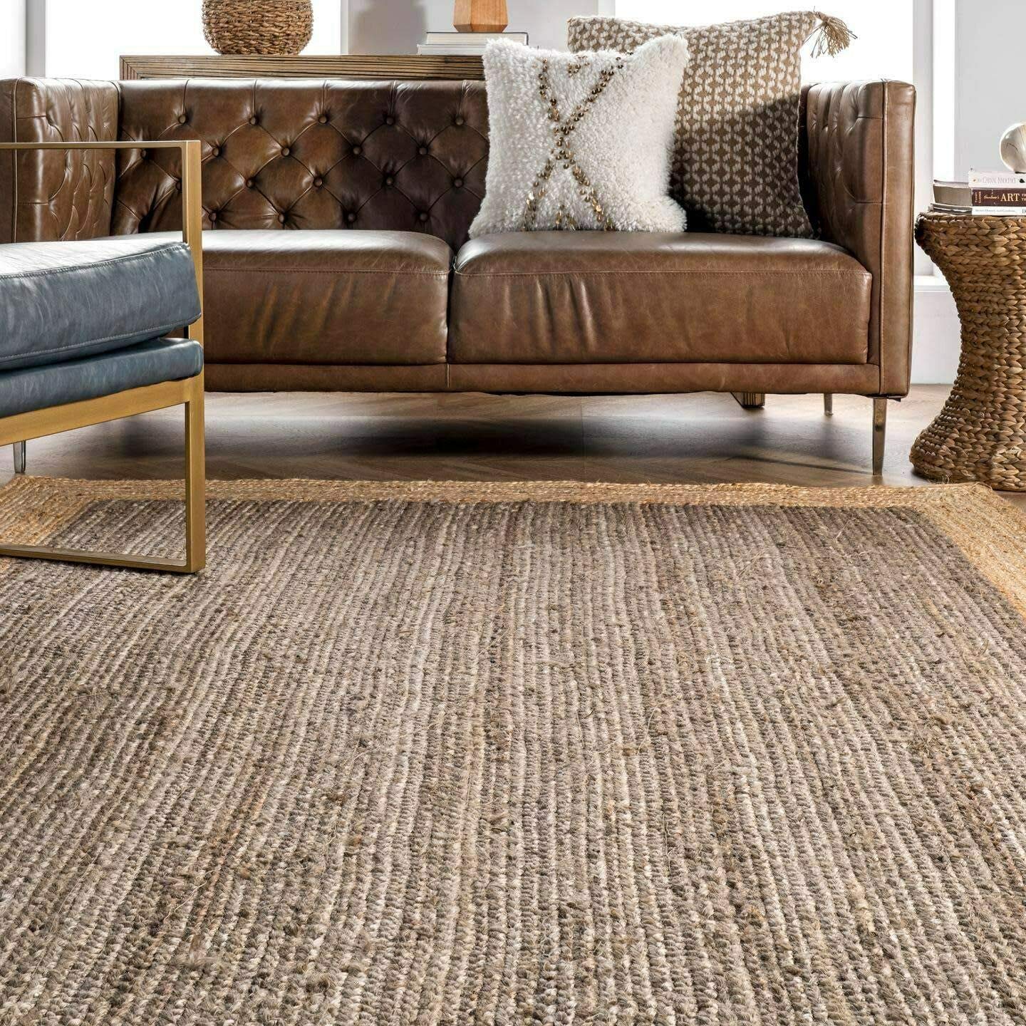 Ripaz Vogue - Rug Round in Jute Hand Braided Rustic Look Area Rug Grey with Beige Border