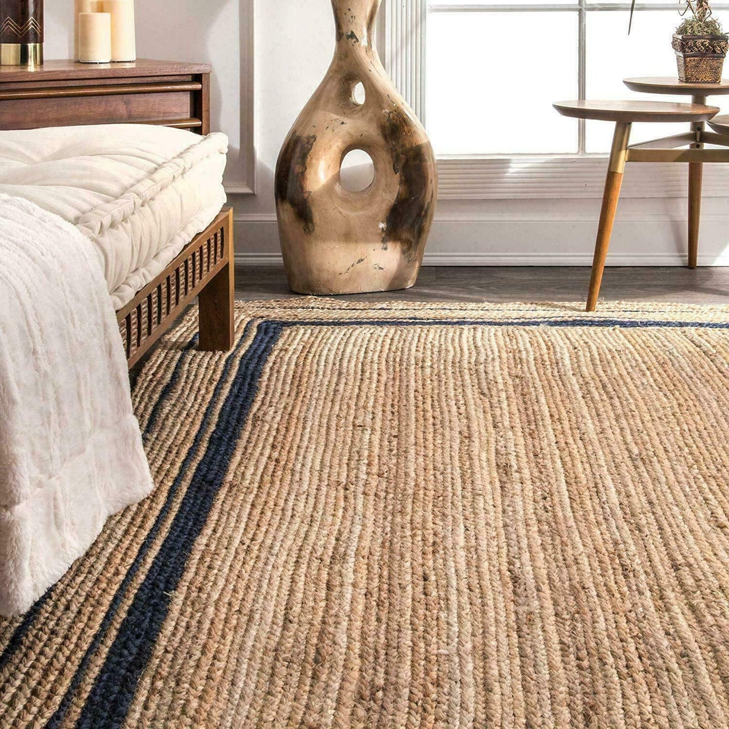 Ripaz Vogue - Rug Round in Jute Hand Braided Rustic Look Area Rug Beige with Black Line Border