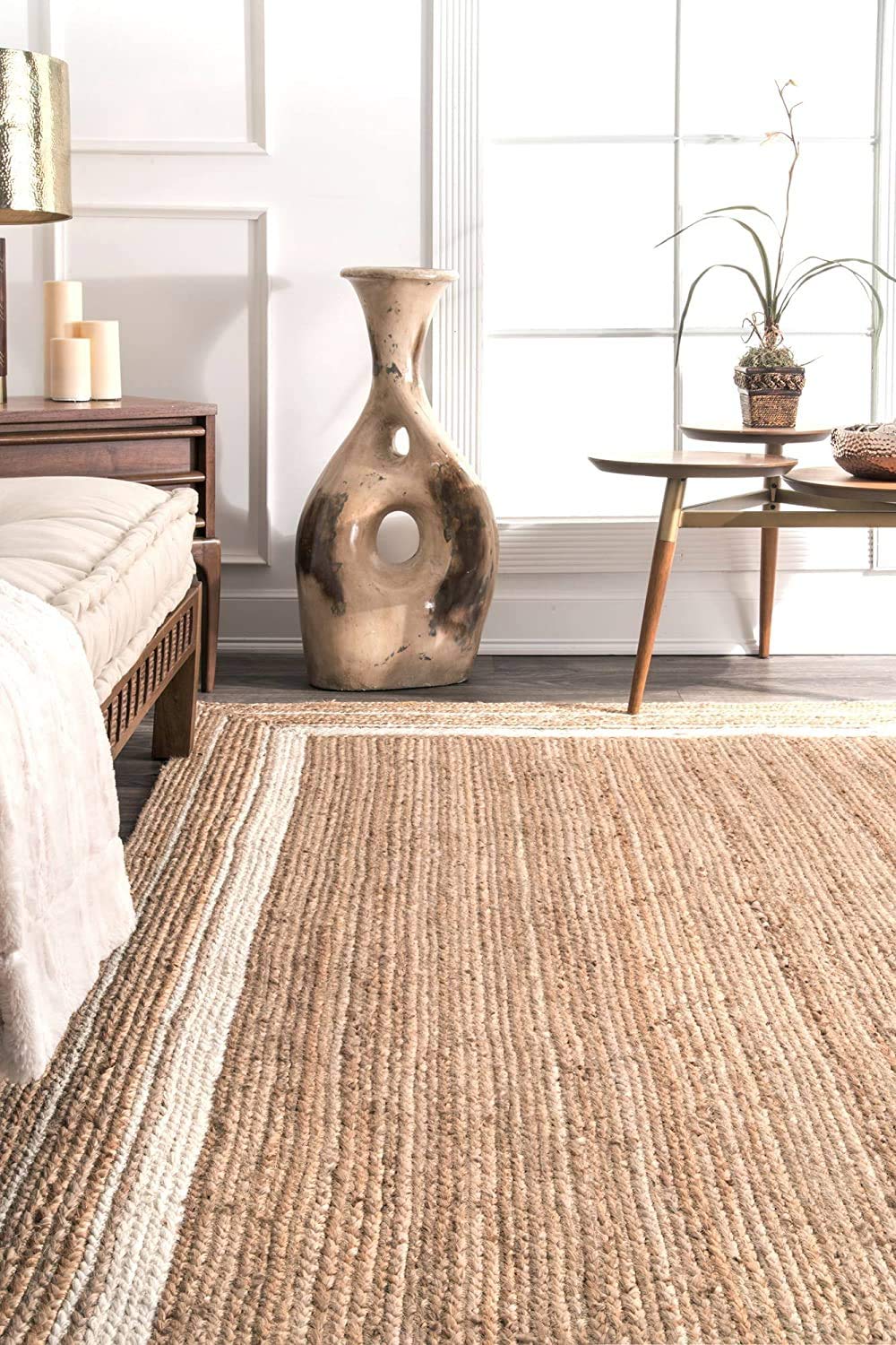 Ripaz Vogue - Jute Area Rug Round Hand Braided Farmhouse Jute Door Mat Beige with White Line Border