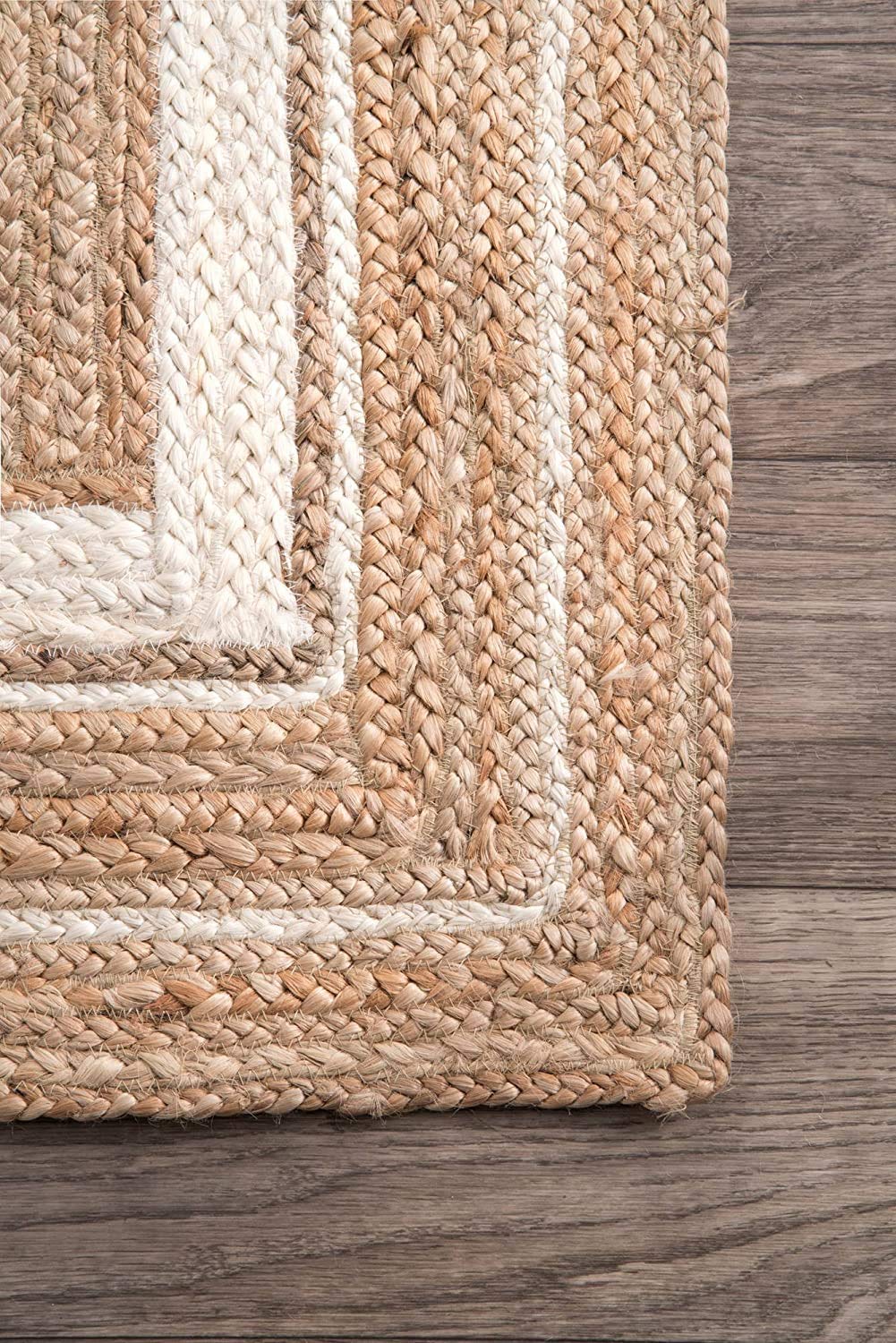 Ripaz Vogue - Jute Area Rug Round Hand Braided Farmhouse Jute Door Mat Beige with White Line Border