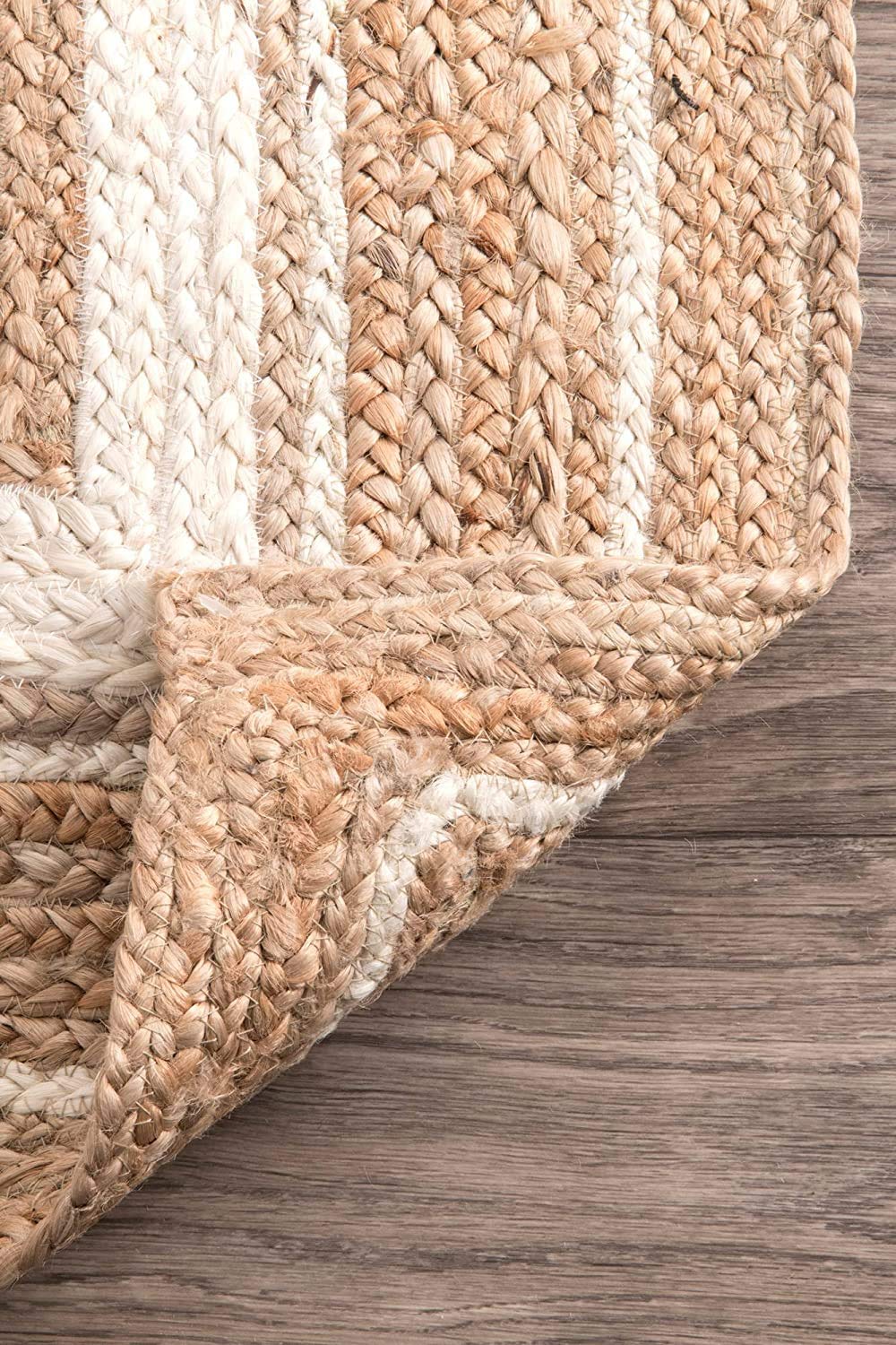 Ripaz Vogue - Jute Area Rug Round Hand Braided Farmhouse Jute Door Mat Beige with White Line Border