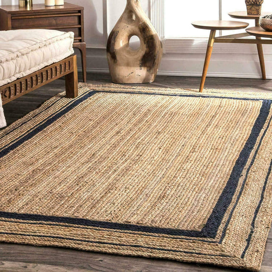 Ripaz Vogue - Rug Round in Jute Hand Braided Rustic Look Area Rug Beige with Black Line Border